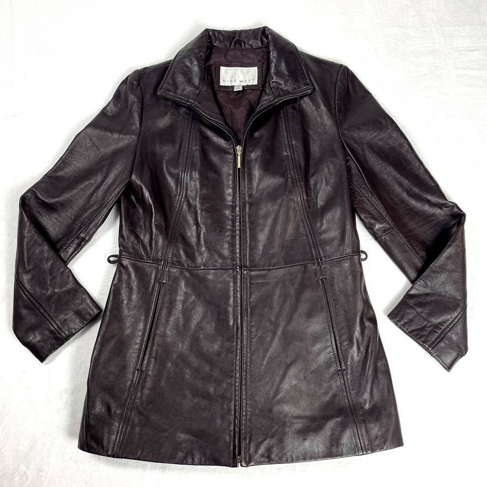 VTG Nine West 100% Genuine Leather Deep Brown Jacket Coat Cinched Waist M